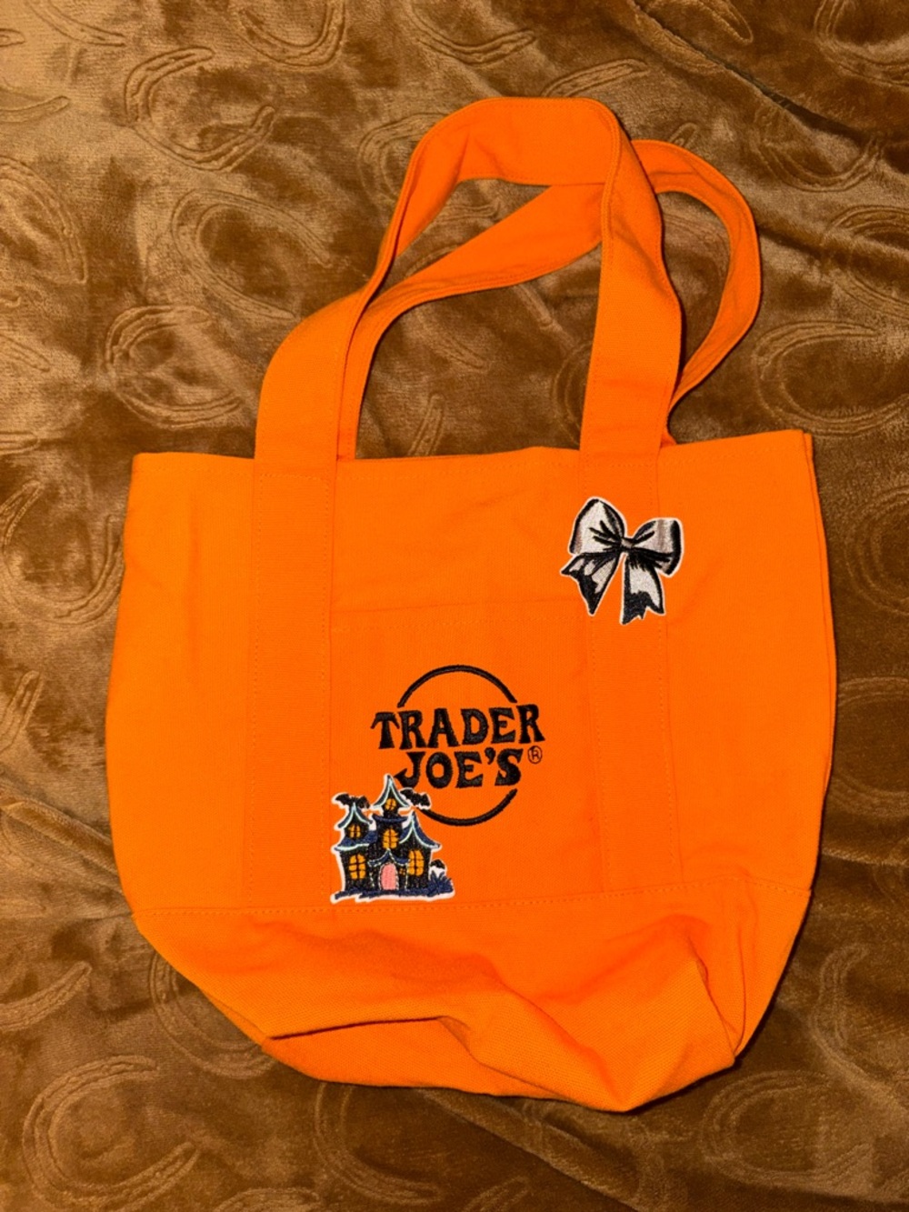 Trader Joe's Orange Canvas Tote with Halloween Patches